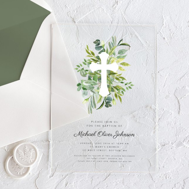 Modern Botanical Religious Cross Baptism Acrylic Invitations (Modern Botanical Religious Cross Baptism Acrylic Invitations)