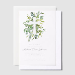 Modern Botanical Religious Cross Baptism Vellum Invitations