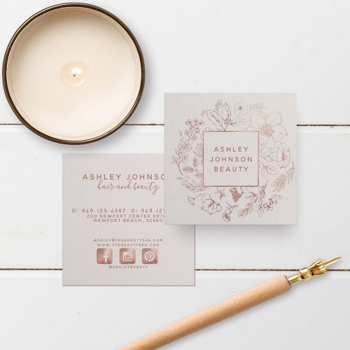 Modern Botanical Rose Gold Blush Pink Square Business Card