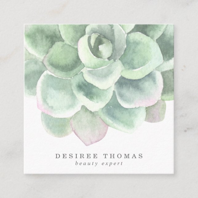 Modern Botanical Sage Green Elegant Succulent Square Business Card (Front)