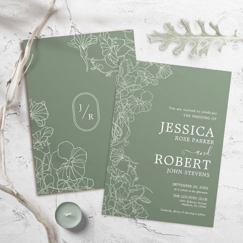 Modern Botanical Sage Green Wedding Invitation