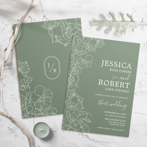 Modern Botanical Sage Green Wedding Minimalist Invitation