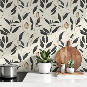 Modern Botanical Serenity - Black & Beige Floral Wallpaper