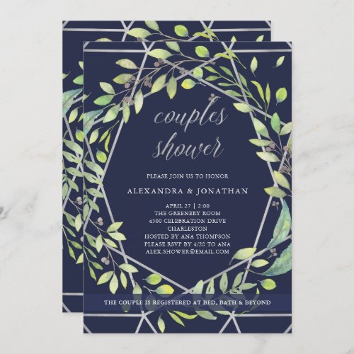 Modern Botanical  Silver and Blue Couples Shower Invitation