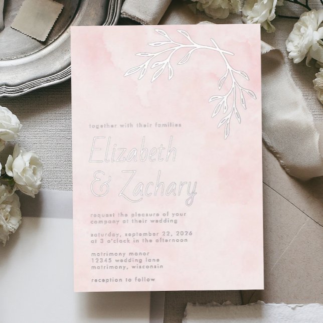 Modern Botanical Silver Blush Pink Wedding Foil Invitation (Creator Uploaded)