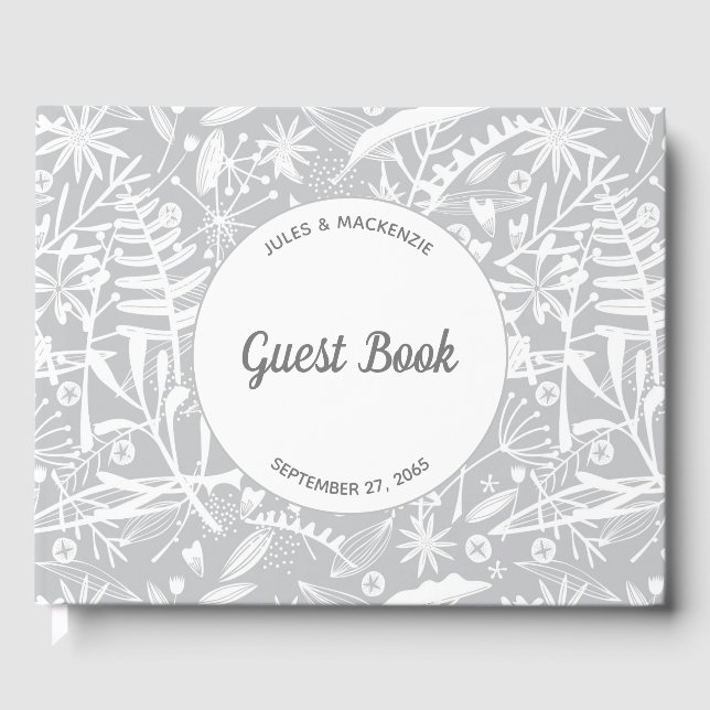 Modern Botanical Silver Gray Wedding Guest Book (Front)