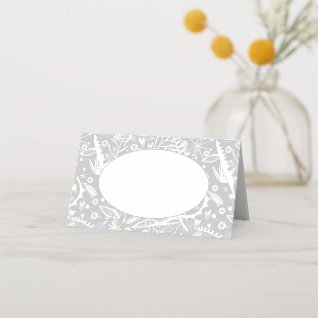 Modern Botanical Silver Gray Wedding Place Card (Front)