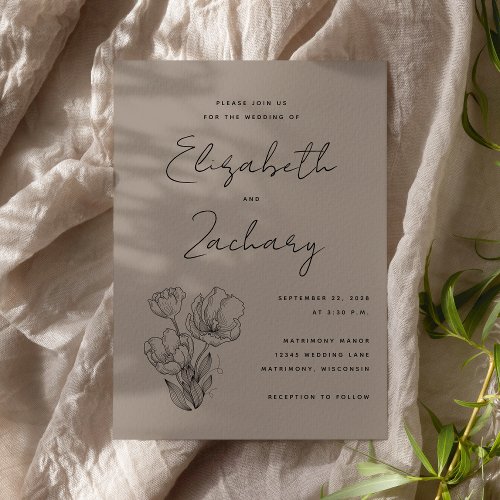 Modern Botanical Taupe Black Wedding Invitation