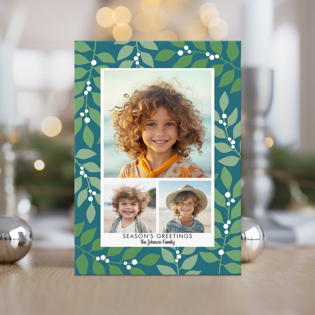 Modern botanical teal green - 3 photo holiday card (A festive botanical holiday card with 3 photos)