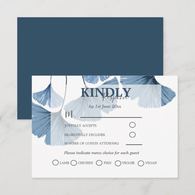 Modern Botanical Watercolor Blue Gingko Wedding  RSVP Card (Front/Back)