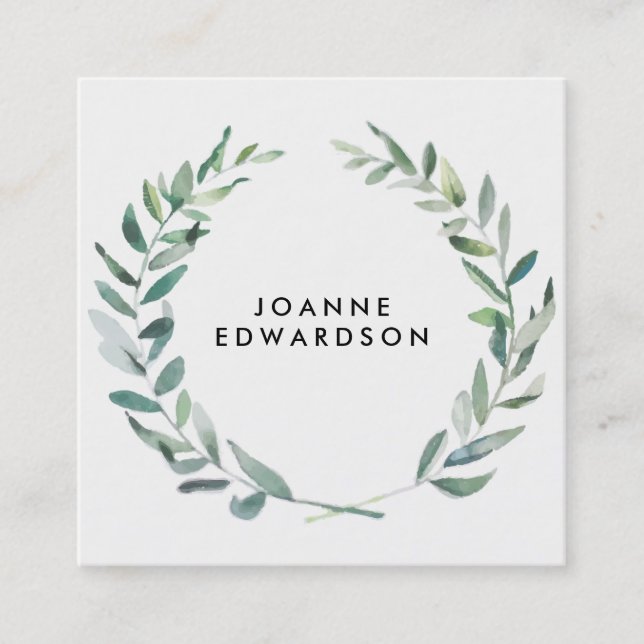 Modern botanical watercolor branch wreath square business card (Front)
