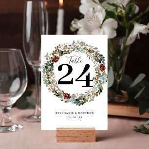Modern Botanical Watercolor Wreath Wedding Table Number