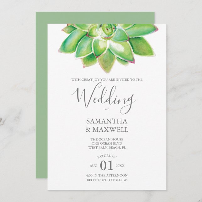 Modern Botanical Wedding Invitation Succulent (Front/Back)