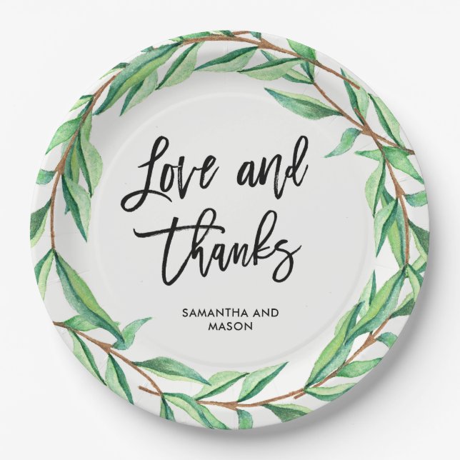 Modern Botanical Wedding | Love and Thanks Paper Plates (Front)