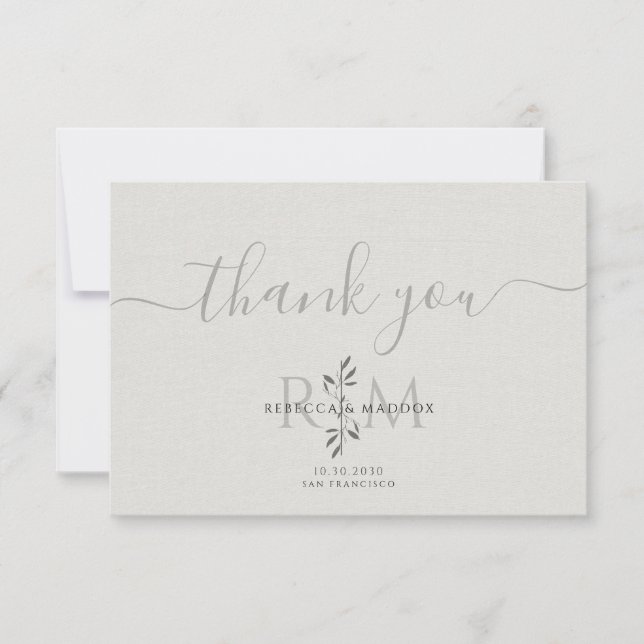 Modern Botanical Wedding Monogram  Thank You Card (Front)