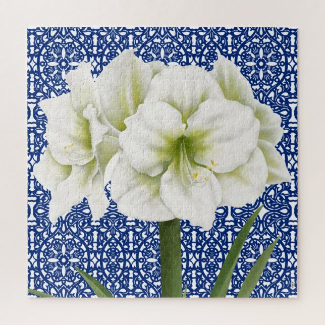 Modern botanical white amaryllis jigsaw puzzle (Vertical)