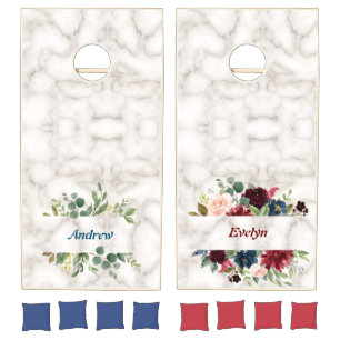 Modern Botanical White Marble Monogram Wedding Cornhole Set