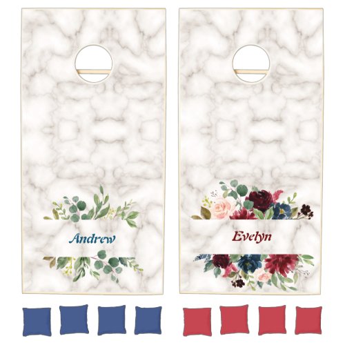 Modern Botanical White Marble Monogram Wedding Cornhole Set