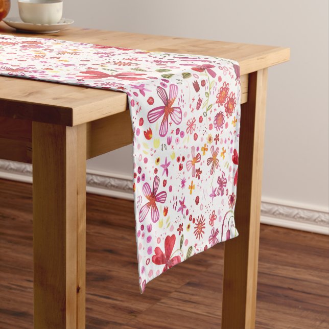 Modern Botanical Wild Flower Watercolor Short Table Runner (In Situ)