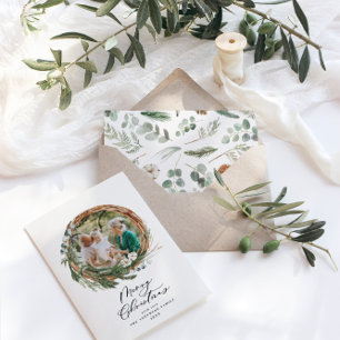 Modern Botanical wreath Christmas script 1 photo Holiday Card