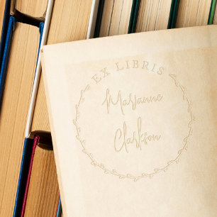 Modern Botanical Wreath Custom Name Ex Libris Embosser