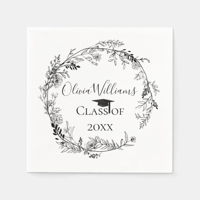 Modern Botanical Wreath Graduation Napkins (Front)