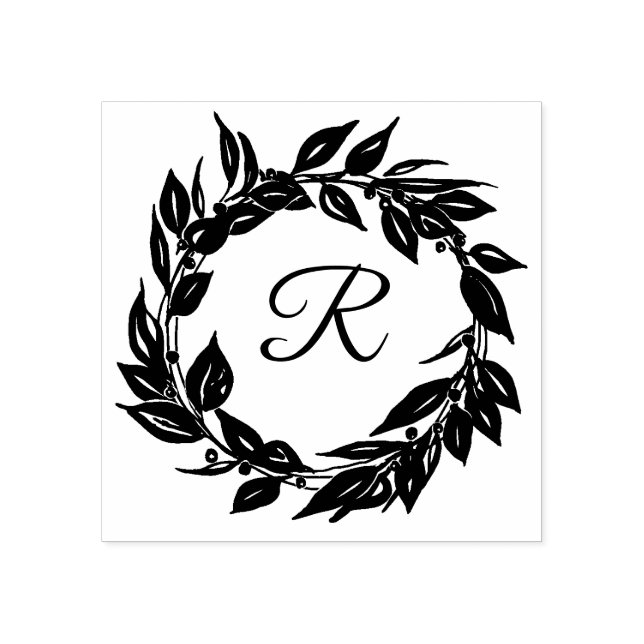 Modern Botanical Wreath Monogram Initial Rubber Stamp (Imprint)
