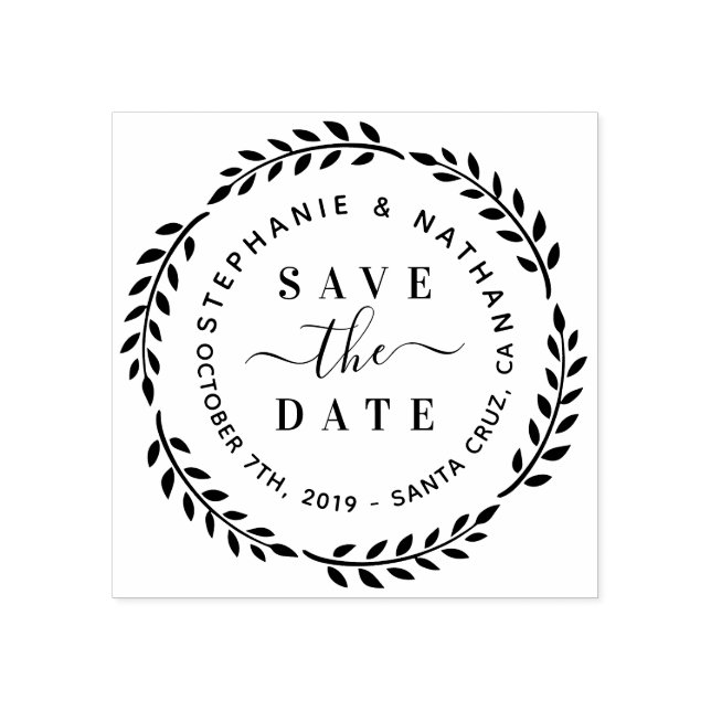 Modern Botanical Wreath & Script Save The Date Rubber Stamp (Imprint)