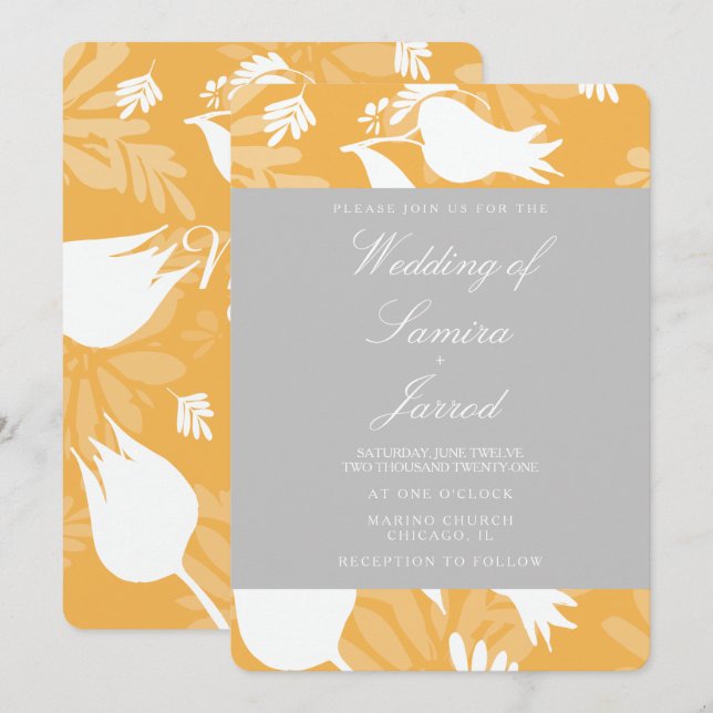Modern Botanical Yellow Gray Floral Tulip Wedding Invitation (Front/Back)