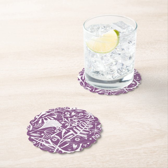 Modern Botatanical Floral Purple Paper Coaster (Insitu)