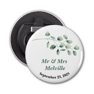 Modern bottle opener wedding favour eucalyptus