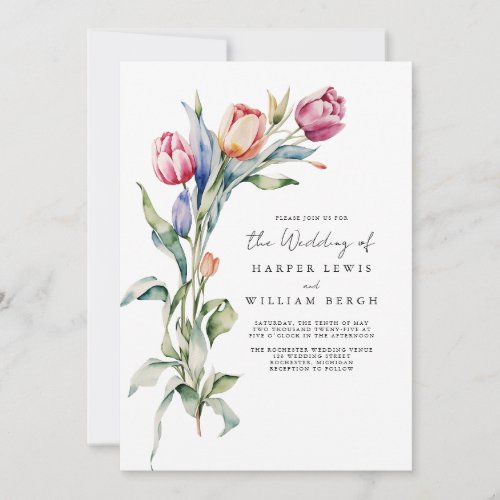 Modern bouqet watercolor tulips qr code wedding invitation