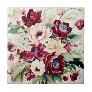 Modern Bouquet Of Burgundy Blooms And Green Leaves Ceramic Tile
