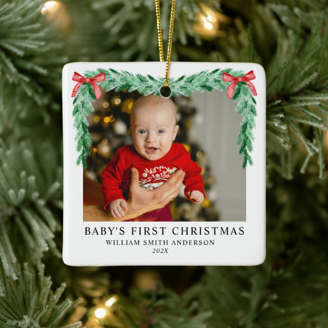 Modern Bow Baby's First Christmas Photo Ceramic Ornament (Tree)