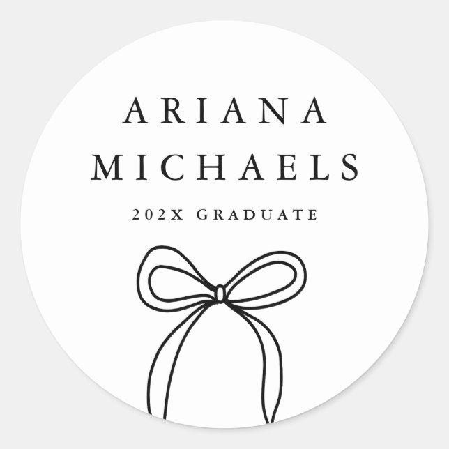 Modern Bow Black and White Graduation Classic Round Sticker (Front)