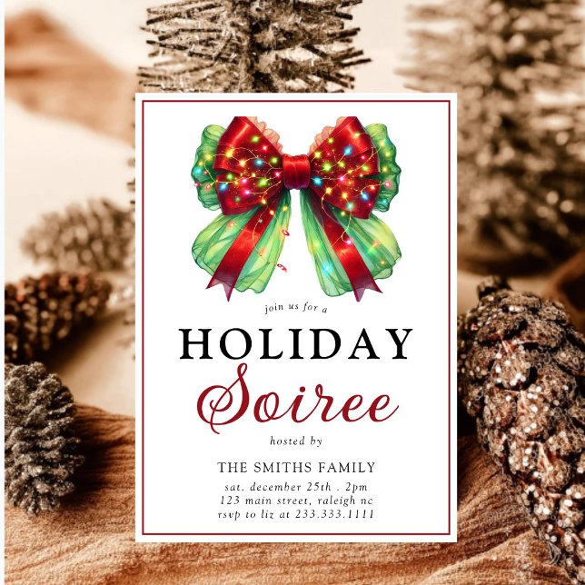 Modern Bow Christmas Lights Holiday Soiree Invitation (Creator Uploaded)