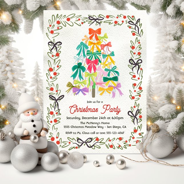 Modern Bow Christmas Tree Party Invitation (Creator Uploaded)