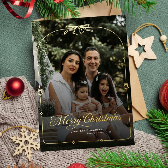 Modern  Bow Merry Christmas Photo Foil Holiday Card (Creator Uploaded)
