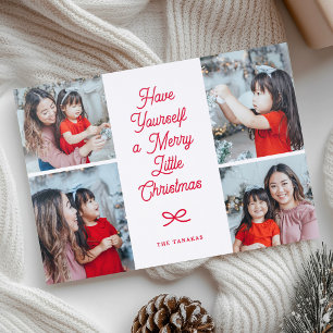 Modern Bow Merry Little Christmas Collage Holiday Letterpress Photo Cards
