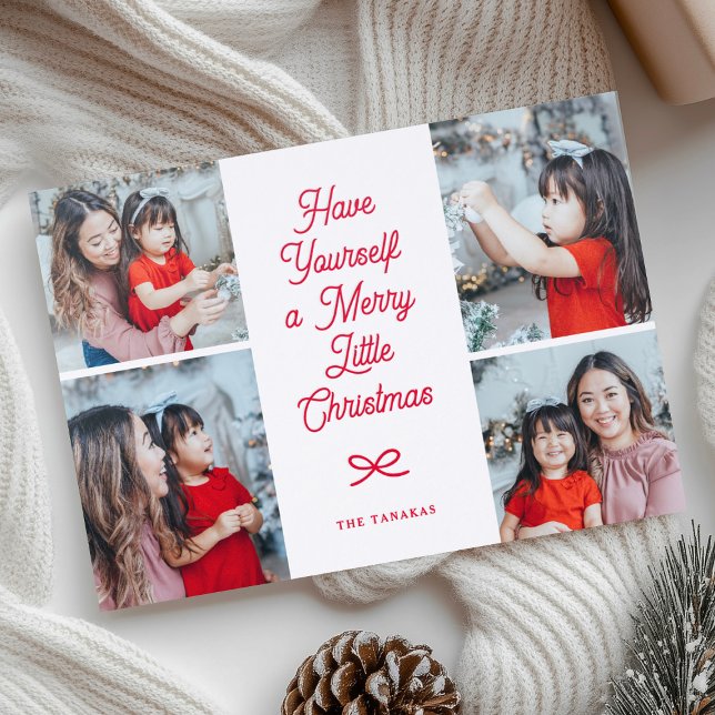 Modern Bow Merry Little Christmas Collage Holiday Letterpress Photo Cards (Creator Uploaded)