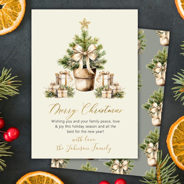 Modern Bow Neutral Watercolor Christmas Tree Beige Holiday Card (Creator Uploaded)