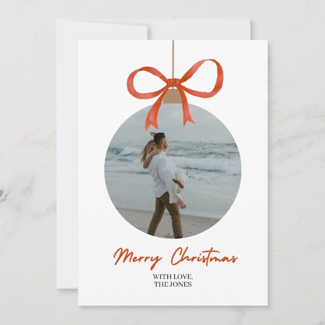 Modern Bow Ornament Christmas Photo Card (Front)