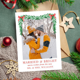 Modern Bow Photo Marrried & Bright Christmas Holiday Card
