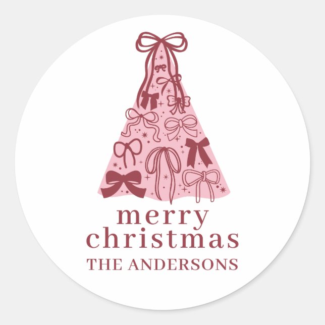 Modern Bow Pink Christmas Tree Classic Round Sticker (Front)