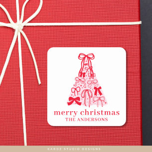 Modern Bow Pink Red Christmas Tree Square Sticker