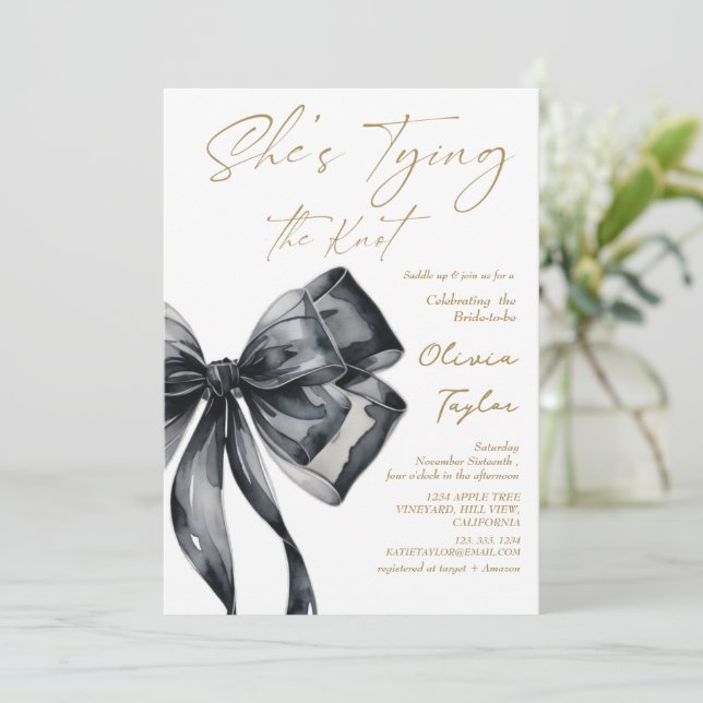 Modern Bow She's Tying the Knot Bridal Shower  Invitation (Standing Front)