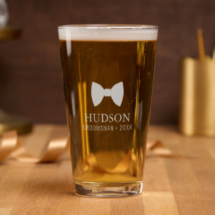 Modern Bow Tie Groomsman Monogram Etched Pint Glass