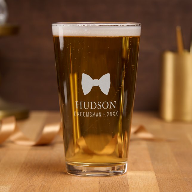 Modern Bow Tie Groomsman Monogram Etched Pint Glass (Party)