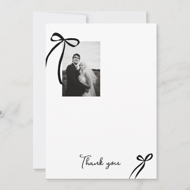 Modern Bow Wedding Photo Thank You Card (Front)