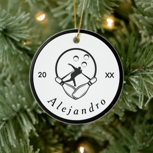 Modern Bowler Pins &amp; Ball Design Custom Name Year Ceramic Ornament